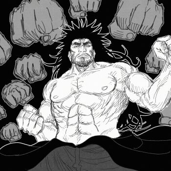 Rule 34 | 1boy, abs, bara, beard, commentary, english commentary, facial hair, greyscale, highres, jujutsu kaisen, long hair, male focus, monochrome, muscular, muscular male, nipples, noburuart, pectorals, scar, scar on face, scar on forehead, solo, thick eyebrows, topless male, zen'in jinichi