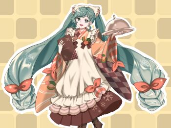 1girl apron boots brown_boots earpiece fork_hair_ornament green_eyes green_hair hair_ornament hatsune_miku holding holding_menu japanese_clothes kimono long_hair long_sleeves looking_at_viewer low_twintails menu open_mouth orange_kimono plate pleated_kimono smile snowflake_print solo spoon_hair_ornament syokou21 twintails very_long_hair vocaloid white_apron wide_sleeves yuki_miku yuki_miku_(2024)