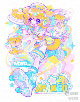 1girl animal_ears belt blue_eyes blue_leg_warmers blush colorful commission dog dog_ears dog_girl dog_tail fingerless_gloves food gelatin gloves green_eyes hat headset heart heisei_retro heterochromia highres holding holding_plate leg_warmers looking_at_viewer midriff mihuashi_commission nori_jooy open_mouth original plate roller_skates sailor_collar sailor_hat shirt short_hair shorts simple_background skates smile solo star_(symbol) star_print tail thick_eyelashes too_many_watermarks wallet_chain watermark white_background white_gloves white_shirt white_shorts yellow_belt