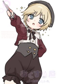 blonde_hair blue_eyes blush child hat highres holding holding_wand open_mouth original ouji_fashion pokopokotarou1 puffy_shorts short_hair shorts smile solo sparkle wand