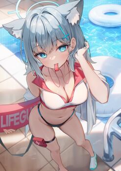 1girl absurdres alternate_costume animal_ear_fluff animal_ears bikini blue_archive blue_halo breasts cleavage cross cross_hair_ornament extra_ears hair_ornament halo highres inverted_cross li_se lifeguard looking_at_viewer mismatched_pupils mouth_hold poolside rash_guard shiroko_(blue_archive) solo swim_ring swimsuit whistle wolf_ears wolf_girl