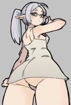 1girl ass breasts dress earrings elf expressionless frieren from_behind from_below green_eyes grey_dress grey_hair jewelry looking_back microdress panties pantsu-ripper pink_panties pointy_ears small_breasts solo sousou_no_frieren strap_gap strap_slip thick_eyebrows twintails underwear upskirt