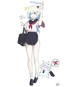 1girl ? absurdres alternate_costume animal_ears animalization black_bag black_sailor_collar black_shoes black_skirt blue_archive blue_halo blush breasts bright_pupils clothes_lift commentary full_body gradient_halo halo highres korean_text loafers looking_at_viewer medium_breasts midriff_peek mona_kkkk multicolored_halo neckerchief open_mouth ponta_itachi purple_eyes purple_halo red_neckerchief sailor_collar school_uniform serafuku shigure_(blue_archive) shoes short_hair simple_background skirt skirt_lift socks solo spoken_object standing tail thighs translation_request w weasel_ears weasel_girl weasel_tail white_background white_socks