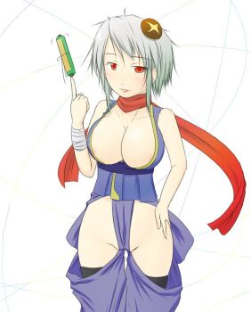 1girl aged_up balancing black_thighhighs blue_shirt blush breasts cameltoe chaps cleavage collarbone futaba_channel grey_hair hair_ornament irony-san ninja large_breasts looking_at_viewer microsoft microsoft_windows ninja no_panties os-tan parted_lips personification red_eyes red_scarf scarf scroll shirt short_hair sleeveless sleeveless_shirt standing teeth thighhighs visbou white_background windows_vista