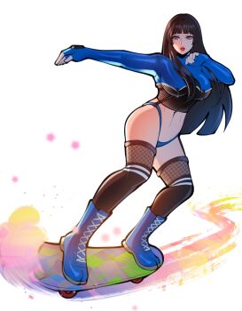 1girl absurdres ankle_boots black_hair black_shirt black_socks black_thighhighs blue_boots blue_shrug blunt_bangs blunt_ends boots borrowed_character breasts commentary commission cropped_shirt english_commentary fishnet_thighhighs fishnet_top fishnets graphiccreator1 hands_up highleg highleg_panties highres kneehighs large_breasts long_hair long_sleeves looking_down maze_kagezumi_(thatredmanguy) midriff navel open_mouth original outstretched_arm panties pink_eyes raised_eyebrows shirt shrug_(clothing) simple_background skateboard skateboarding socks socks_over_thighhighs solo star_(symbol) straight_hair thighhighs underwear white_background