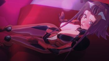 1girl 3d arm_support artist_request biker_clothes bikesuit blush bodysuit breasts brown_eyes cleavage curvy gloves highres izayoi_aki large_breasts long_hair looking_at_viewer navel no_bra open_bodysuit open_clothes open_mouth red_hair shiny_clothes shiny_skin sideboob sitting solo thighs yu-gi-oh! yu-gi-oh!_5d&#039;s zipper