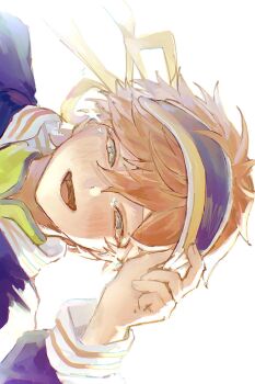 1boy adjusting_clothes adjusting_headwear akehoshi_subaru arm_up blue_eyes blue_jacket blush ensemble_stars! hair_between_eyes headband highres jacket long_sleeves looking_at_viewer official_alternate_costume open_mouth orange_hair portrait short_hair sideways simple_background smile solo star_(symbol) star_in_eye straight-on symbol_in_eye tongue visor_cap white_background wwww6210 yellow_headband