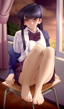 1girl absurdres bare_legs barefoot black_hair blue_jacket blunt_bangs blush bow bowtie classroom commentary curtains desk diagonal-striped_bow diagonal-striped_bowtie diagonal-striped_clothes diagonal-striped_skirt english_commentary expressionless female_focus foot_focus full_body highres indoors jacket kairunoburogu komi-san_wa_komyushou_desu komi_shouko light_blush long_hair looking_at_viewer no_panties off_shoulder on_desk pleated_skirt purple_eyes pussy pussy_peek school_desk shirt sitting skirt solo striped_bow striped_bowtie striped_clothes toes uncensored white_shirt window wing_collar