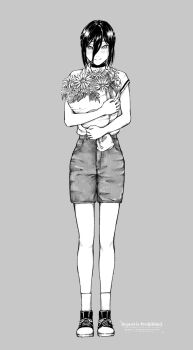 black_hair blush bouquet chainsaw_man choker collared_shirt commentary converse double-parted_bangs eto_384 flower full_body grey_background hair_between_eyes high-waist_shorts highres holding holding_bouquet looking_at_viewer monochrome reze_(chainsaw_man) shirt shoes short_sleeves shorts sneakers socks standing symbol-only_commentary watermark white_shirt white_socks