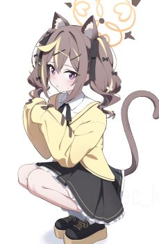 1girl absurdres animal_ear_fluff animal_ears black_bow black_ribbon black_shoes black_skirt blonde_hair blue_archive blush bow bright_pupils brown_hair cardigan cat_ears cat_girl cat_tail closed_mouth collared_shirt commentary_request cross-laced_shoes double-parted_bangs extra_ears frilled_skirt frills frown full_body hair_between_eyes hair_bow hair_ornament halo hands_up highres kemonomimi_mode long_hair looking_at_viewer miniskirt multicolored_hair neck_ribbon orange_halo pleated_skirt purple_eyes rena_(blue_archive) ribbon school_uniform shirt shoes sidelocks simple_background skirt sleeves_past_fingers sleeves_past_wrists solo squatting streaked_hair sweatdrop tail tail_raised twintails two-tone_hair vec_ka wavy_hair white_background white_pupils white_shirt x_hair_ornament yellow_cardigan