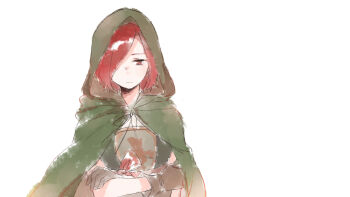1girl breasts brown_gloves cloak closed_mouth commentary_request crossed_arms dark_souls_(series) dark_souls_ii dress emerald_herald expressionless gloves green_cloak green_dress hair_over_one_eye hood hood_up hooded_cloak maou_skun medium_breasts red_eyes red_hair short_hair simple_background solo upper_body white_background