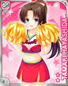 1girl brown_hair button character_name cheerleader girlfriend_(kari) hands_up hayashida_tamaki holding long_hair looking_at_viewer midriff navel official_art open_mouth pink_background pom_pom_(cheerleading) qp:flapper red_skirt ribbon school_uniform shirt grey_eyes skirt smile white_shirt