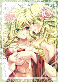 2girls apple blonde_hair breasts flower food fruit green_eyes hair_flower hair_ornament large_breasts long_hair multiple_girls original shuuko siblings sisters twins