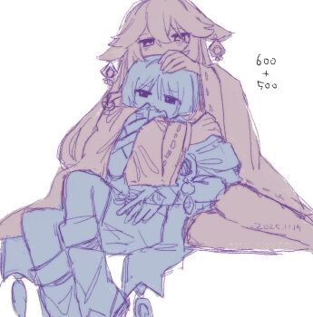 1boy 1girl animal_ears armor blunt_ends bridal_gauntlets bridal_legwear cape character_age dated detached_sleeves earrings feathers fingernails fox_ears furisode gem genshin_impact hair_between_eyes hand_on_another&#039;s_arm hand_on_another&#039;s_head hand_on_another&#039;s_shoulder hand_on_own_thigh hetero highres hug hug_from_behind japanese_armor japanese_clothes jewelry kimono kote light_blush limited_palette long_hair looking_at_viewer middle_ring pom_pom_(clothes) ribbon-trimmed_sleeves ribbon_trim scaramouche_(genshin_impact) shorts sitting stirrup_legwear toeless_legwear umigasa vision_(genshin_impact) wanderer_(genshin_impact) white_background wide_sleeves wispy_bangs yae_miko yokozuwari