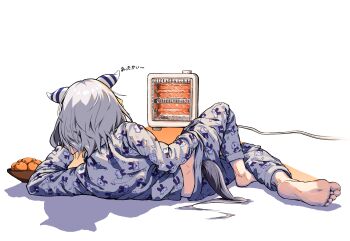 1girl absurdres animal_ears barefoot bowl commentary_request ear_covers food from_behind fruit grey_hair grey_pants grey_shirt highres hishi_miracle_(umamusume) horse_ears horse_girl horse_tail kanran_(k_han_ran) long_sleeves lying mandarin_orange medium_hair on_side pajamas pants shirt solo space_heater tail umamusume