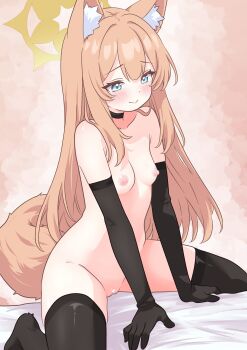 absurdres alternate_hairstyle anal_beads anal_tail animal_ear_fluff bar_censor black_choker black_thighhighs blue_archive blush breasts butt_plug censored choker closed_mouth commentary elbow_gloves fake_tail gloves halo highres long_hair looking_down mari_(blue_archive) mo_mo_mo79 navel nipples nude orange_hair small_breasts straddling symbol-only_commentary tail thighhighs yellow_halo