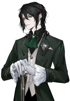 1boy absurdres ascot black_hair black_pants black_shirt brooch call_of_cthulhu cane chinese_commentary closed_mouth coat collared_shirt cowboy_shot earrings eyelashes formal_clothes frilled_sleeves frills gem glint gloves green_ascot green_coat green_eyes green_gemstone hair_between_eyes highres holding holding_cane jewelry long_sleeves looking_at_viewer male_focus medium_hair nidexintu open_clothes pants piercing shirt simple_background snake_earrings solo standing upper_body vest white_background white_gloves white_vest