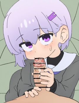 1boy 1girl a.i._voice animated bar_censor black_undershirt blush cardigan censored fellatio foreskin grey_cardigan grey_serafuku grey_shirt hair_ornament hairclip hetero just_the_tip loli long_sleeves looking_at_viewer oral penis pov pov_crotch purple_eyes purple_hair sagami_sagari sailor_collar school_uniform serafuku shirt short_hair solo_focus sweatdrop tagme ugoira video voiceroid yuzuki_yukari yuzuki_yukari_(shizuku)