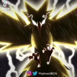 animal_focus animated artist_name audible_music backlighting bird black_sky blank_eyes claws electricity flying gen_1_pokemon glowing glowing_eyes instagram_logo instagram_username legendary_pokemon lightning looking_at_viewer majimartbcn making-of night nintendo no_humans outdoors pokemon pokemon_(creature) rain sky solo sound spread_wings tagme tiktok_logo tiktok_username twitter_logo twitter_username video watermark white_eyes zapdos