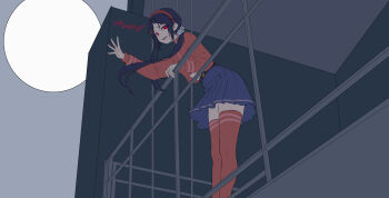 1girl absurdres blue_eyes blue_hair blue_skirt choker commentary crazy_mita_(miside) crop_top cropped_shirt fangs flower_hairtie gluteal_fold hairband highres long_hair looking_at_viewer low_twintails midriff miniskirt miside mita_(miside) non-web_source open_mouth pleated_skirt red_hairband red_shirt red_thighhighs shirt shokobr skirt skirt_hold smile solo thighhighs twintails unfinished zettai_ryouik