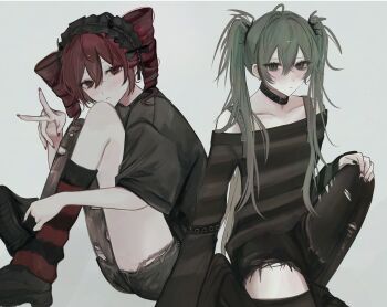 2girls absurdres black_hairband black_leg_warmers black_nails black_shoes blush collarbone frilled_hairband frills gothic_punk green_hair grey_eyes grey_hair grey_pantyhose hair_between_eyes hairband hand_on_own_knee hatsune_miku highres kanau_(u_u_zzx) kasane_teto knee_up knees_up leg_warmers looking_at_viewer maid_headdress multiple_girls nail_polish off-shoulder_shirt off_shoulder pantyhose punk red_eyes red_hair red_leg_warmers red_nails shirt shoes short_hair short_sleeves simple_background single_leg_pantyhose sitting striped_leg_warmers thighs torn_clothes torn_pantyhose twitter_username utau v vocaloid white_background wide_sleeves