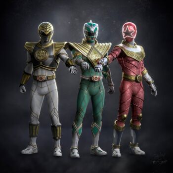 3boys 3d arm_guards armor artist_name belt bodysuit boots dino_buckler dragon_ranger gloves gold_armor gold_trim golden_arms green_bodysuit helmet highres holding jason_david_frank kiba_ranger mighty_morphin_green_ranger mighty_morphin_power_rangers mighty_morphin_white_ranger multiple_boys power_rangers power_rangers_zeo red_bodysuit shoulder_armor standing time_paradox tokujay tokusatsu twitter_username white_bodysuit zeo_ranger_v_red