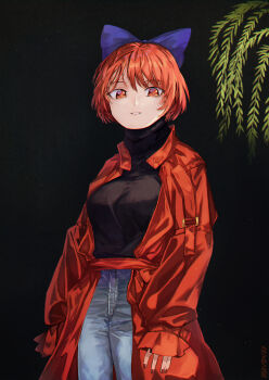1girl black_background black_sweater_vest black_vest blue_bow blue_pants bow breasts denim floating_head gracehoo grin hair_bow highres jacket jeans leaf looking_at_viewer nail_polish open_clothes open_jacket open_mouth pants plant rakugosha_(straggler_house) red_eyes red_hair red_nails ribbon-trimmed_bow ribbon_trim sekibanki short_hair smile sweater_vest touhou vest willow