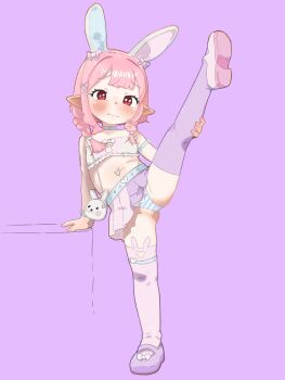 1girl animal_ears arm_strap arm_support asymmetrical_legwear bandeau belt blue_panties blush braid choker closed_mouth fake_animal_ears flat_chest full_body hair_ornament hairclip heart huge_filesize indie_virtual_youtuber kneepits lalafell leg_up loli long_hair looking_at_viewer microskirt midriff miniskirt mismatched_legwear navel navel_piercing panties piercing pink_background pink_hair pink_skirt pink_thighhighs pleated_skirt pointy_ears purple_background purple_skirt purple_thighhighs rabbit_ears red_eyes shoes simple_background single_thighhigh skirt solo split standing standing_on_one_leg standing_split strapless striped_clothes striped_panties suwuart thighhighs tube_top twin_braids underwear virtual_youtuber white_bandeau white_thighhighs white_tube_top x_hair_ornament yanagi_mimi