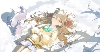 1girl absurdres blue_sailor_collar blue_skirt bow bowtie brown_hair cardigan closed_eyes feet_out_of_frame fox from_above from_side green_bow green_bowtie hair_between_eyes hair_ornament hair_ribbon hands_on_own_stomach hashtag-only_commentary heart heart_hair_ornament highres kapxapius long_hair long_sleeves lying miniskirt neuro-sama on_back outdoors parted_lips pleated_skirt red_ribbon ribbon sailor_collar skirt snow solo sunlight vedal_ai virtual_youtuber winter yellow_cardigan