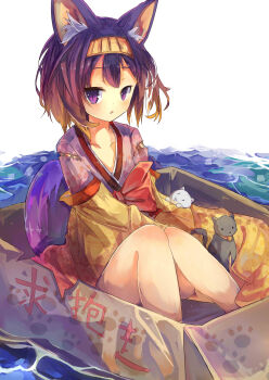 Rule 34 | 10s, 1girl, absurdres, animal ear fluff, animal ears, blush, box, cardboard box, cat, female focus, flat chest, fox, fox ears, fox tail, gradient hair, hairband, hatsuse izuna, highres, in box, in container, japanese clothes, kimono, multicolored hair, no game no life, paw print, purple eyes, purple hair, short hair, sitting, tail, water, wet, zzzzxxx2010nian