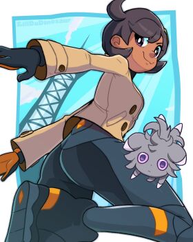 1girl :3 artist_name ass billdadinosaur black_bodysuit black_gloves black_hair black_shoes bodysuit bodysuit_under_clothes breasts brown_jacket closed_mouth commentary cowlick dark-skinned_female dark_skin emma_(pokemon) espurr from_below gen_6_pokemon gloves hair_between_eyes hair_ornament highres jacket latex latex_bodysuit long_sleeves looking_at_viewer medium_breasts nintendo orange_gloves outstretched_arms pokemon pokemon_(creature) pokemon_legends:_z-a prism_tower purple_eyes shoes short_hair sidelocks smile standing standing_on_one_leg swept_bangs two-tone_gloves