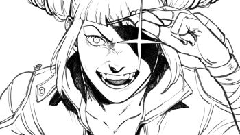 Rule 34 | 1girl, archived source, arm up, artist name, biker clothes, bikesuit, blunt bangs, bodysuit, collarbone, drill hair, efd, evil smile, eyepatch, eyepatch lift, fingerless gloves, furrowed brow, gloves, han juri, highres, korean commentary, looking at viewer, nail polish, open mouth, padded gloves, popped collar, shaded face, sidelocks, smile, star (symbol), street fighter, street fighter v, twin drills