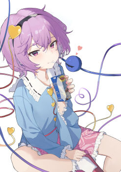 1girl absurdres black_hairband blue_shirt drink drinking floral_print floral_print_skirt frilled_skirt frills hairband heart highres holding holding_drink komeiji_satori looking_at_viewer pink_eyes pink_hair pink_nails pink_skirt print_skirt qiao_yucheng shirt short_hair sitting skirt slippers smile socks solo third_eye touhou white_background white_socks