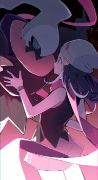 1girl 2o_oxo black_hair black_shirt darkrai dawn_(pokemon) gen_4_pokemon hair_ornament hairclip hat highres legendary_pokemon long_hair looking_at_another mythical_pokemon nintendo pink_scarf pink_skirt pokemon pokemon_(creature) pokemon_dppt scarf shirt skirt sleeveless sleeveless_shirt white_hat