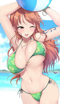 1girl absurdres arm_up arms_up ball bangle beach beachball bikini blue_sky blush bouncing_breasts bracelet breasts brown_eyes cleavage cloud collarbone commentary_request cowboy_shot curvy day earrings floral_print green_bikini hat highres holding holding_ball horns imminent_wardrobe_malfunction jewelry kasai_shin large_breasts log_pose long_hair nami_(one_piece) navel necklace o-ring o-ring_bikini ocean one_eye_closed one_piece open_mouth orange_hair outdoors print_bikini shiny_skin side-tie_bikini_bottom sky standing stomach string_bikini swimsuit tattoo thong thong_bikini unaligned_breasts wardrobe_malfunction water wet wide_hips