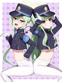 2girls armband blue_archive blue_armband blush c-low commentary crop_top cropped_jacket flat_chest frown gloves green_hair halo hat hikari_(blue_archive) nozomi_(blue_archive) long_hair looking_at_viewer multiple_girls navel open_mouth pantyhose peaked_cap pointy_ears sitting smile smug symbol-only_commentary white_gloves white_pantyhose yellow_eyes