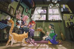 Rule 34 | 3girls, :o, animal, animal on lap, black hair, book, bow, braid, branch, broom, cat, cat on lap, cherry blossoms, commentary, crown braid, cup, curtains, day, dress, earrings, eating, english commentary, falling petals, fish, fishbowl, food, from below, fruit, green eyes, green sweater, hair bow, hat, highres, holding, holding cup, holding food, indoors, jar, jewelry, jidu que mi de xiao caocao, kettle, long hair, long sleeves, mandarin orange, mug, multiple girls, on lap, open mouth, orange cat, original, petals, photo (object), pink hair, polka dot, polka dot dress, puffy short sleeves, puffy sleeves, purple dress, railing, red hair, rug, scenery, seiza, shelf, short bangs, short sleeves, single braid, sitting, steam, stuffed animal, stuffed toy, sweater, tassel, teddy bear, tree, unworn hat, unworn headwear, wallpaper (object), wide shot, wind, window, witch hat, wooden floor