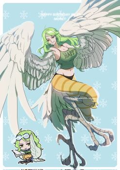 Rule 34 | 1girl, camisole, chibi, claws, eyelashes, glasses, green camisole, green hair, happy birthday, harpy, highres, long hair, looking at viewer, midriff, monet (one piece), monster girl, multiple views, navel, ninnnnnnnjin, one piece, smile, solo, tail, twitter username, wings