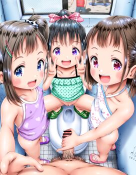 1boy 3girls age_difference ass black_hair blush bottomless censored cleft_of_venus flat_chest happy higeepon highres loli looking_at_viewer multiple_girls no_panties penis_grab pov smile squat_toilet squatting stealth tagme thighs third-party_edit v window
