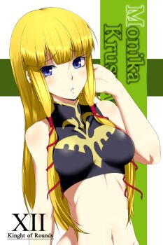 1girl blonde_hair blue_eyes breasts code_geass commentary_request hair_ribbon kukurus long_hair looking_at_viewer medium_breasts monica_kruszewski navel red_ribbon ribbon solo