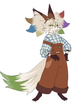 1other absurdres animal_ear_fluff animal_ears blue_shirt brown_fur brown_gloves brown_pants claws closed_mouth clothed_pokemon collared_shirt delphox fox_ears fox_tail full_body furry fusion gen_2_pokemon gen_6_pokemon gloves green_eyes highres looking_at_viewer multicolored_fur nintendo paint_stains pants plaid_clothes pokemon pokemon_(creature) seripu shirt simple_background smeargle snout solo standing suspenders suspenders_slip tail white_background white_fur yellow_fur