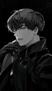 1boy aegyo_sal black_coat black_gloves black_hair blackbox_(blackbox9158) coat gloves hand_up head_tilt highres kim_dokja looking_at_viewer male_focus monochrome omniscient_reader&#039;s_viewpoint open_clothes open_coat popped_collar short_hair sky solo star_(sky) starry_sky textless_version upper_body