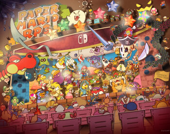 ^_^ admiral_bobbery beldam bird blonde_hair blooper_(mario) blue_hat bob-omb bombette boo_(mario) bow bow_(paper_mario) bowser buzzy_beetle chair character_request closed_eyes coke-bottle_glasses commentary_request copyright_name cortez crossed_arms crystal_king crystal_star_(mario) dimentio doopliss dragon everyone facial_hair fangs flavio flurrie game_console gamecube ghost_t. glasses gloves goombario goombella green_hat grin grubba hat highres holding holding_weapon hooktail huff_n._puff index_finger_raised jolene_(paper_mario) kammy_koopa kooper koopie_koo koops lord_crump luigi luvbi maribou_(supermaribou) marilyn_(paper_mario) mario mario_(series) mask microphone mimi_(paper_mario) mini-yoshi ms._mowz mustache nintendo o'chunks one_eye_closed open_mouth orange_hair overalls paper_bowser paper_luigi paper_mario paper_mario:_the_thousand-year_door paper_mario_(character) paper_mario_64 pennington pianta pink_hair piranha_plant pirate_hat pokey_(mario) princess_peach professor_frankly purple_hair rawk_hawk red_hat revision shine_sprite sir_grodus smile smorg squirps stage super_mushroom super_paper_mario sushie sword thumbs_up toad_(mario) toadette toadsworth toodles_(paper_mario) treasure_chest twitter_username vivian_(paper_mario) watt_(paper_mario) weapon whacka x-naut yoshi