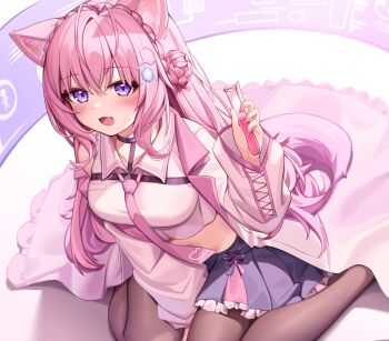 1girl :d absurdres animal_ears between_legs black_choker blush braid brown_pantyhose choker collared_shirt crop_top crown_braid deaver double_bun frilled_skirt frills hair_between_eyes hair_bun hair_ornament hakui_koyori hakui_koyori_(1st_costume) hand_between_legs highres holding holding_test_tube hololive lab_coat long_hair long_sleeves looking_at_viewer necktie open_mouth pantyhose pink_hair pink_necktie pleated_skirt purple_eyes shirt sitting skirt smile solo tail test_tube very_long_hair virtual_youtuber wariza white_shirt