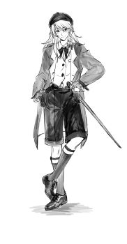 1girl absurdres aihara-rina alternate_costume alternate_headwear bow bowtie braid chinese_commentary coat collared_shirt commentary_request full_body gloves greyscale hair_bow hand_in_pocket hat highres kirisame_marisa kneehighs long_hair long_sleeves looking_at_viewer monochrome open_clothes open_coat shirt shoes shorts side_braid single_braid socks solo touhou vest