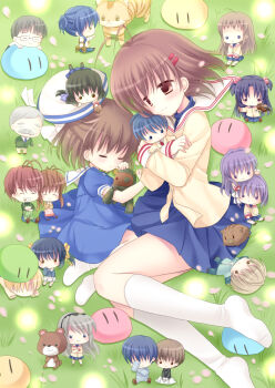 Rule 34 | 00s, 6+boys, 6+girls, absurdres, ahoge, bear, botan (clannad), cat, chibi, clannad, dango daikazoku, dual persona, everyone, closed eyes, fujibayashi kyou, fujibayashi ryou, furukawa akio, furukawa nagisa, furukawa sanae, garbage doll, hair ornament, hairclip, hat, highres, hiiragi kappei, ibuki fuuko, ibuki kouko, ichinose kotomi, koumura toshio, lying, mana (10221125), miyazawa yukine, multiple boys, multiple girls, okazaki naoyuki, okazaki tomoya, okazaki ushio, pleated skirt, revision, sagara misae, sakagami tomoyo, school uniform, siblings, sisters, skirt, sleeping, smile, sunohara mei, sunohara youhei, time paradox, twins, yoshino yuusuke, aged down