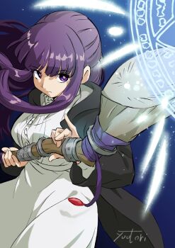 1girl artist_name black_coat blue_background closed_mouth coat commentary_request cowboy_shot dress fern_(sousou_no_frieren) highres holding holding_staff long_hair long_sleeves looking_at_viewer mage_staff magic open_clothes open_coat purple_eyes purple_hair solo sousou_no_frieren staff white_dress you_bird