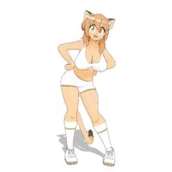1girl 3d :3 animal_ears animated ass_shake bouncing_breasts breasts cat_ears cat_tail cleavage curvy fang full_body furry furry_female goya_(lucyfer) hands_on_own_hips jiggle large_breasts long_hair looking_at_viewer lucyfer navel open_mouth original ponytail shiny_clothes short_shorts shorts simple_background smile sound sports_bra sportswear tail video white_background wide_hips