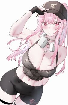 1girl absurdres alternate_costume arm_behind_back bare_arms baseball_cap bike_shorts black_bustier black_gloves black_hat black_shorts blunt_bangs blush breasts bustier chain chain_necklace cleavage commentary english_commentary fingerless_gloves gloves gluteal_fold hand_up hat headphones headphones_around_neck high_ponytail highres hololive hololive_english jewelry kamiya_maneki large_breasts long_hair looking_at_viewer midriff mori_calliope navel necklace pink_eyes pink_hair ponytail print_hat short_shorts shorts sidelocks simple_background skull_necklace skull_print solo thigh_strap toned toned_female virtual_youtuber white_background