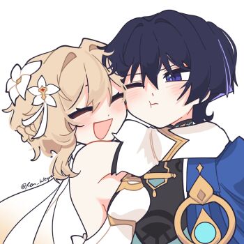 1boy 1girl :t black_bodysuit black_hair blonde_hair blue_cape blue_gem blunt_ends blush bodysuit braid breasts cape cheek-to-cheek cheek_press choppy_bangs closed_eyes colored_inner_hair commentary detached_sleeves dress eyelashes facing_another flower gem genshin_impact gold gold_trim hair_flower hair_intakes hair_ornament half_up_braid heads_together hetero highres hug japanese_clothes juliet_sleeves kimono long_sleeves looking_at_another lumine_(as_heaven_and_earth_are_made_anew)_(genshin_impact) lumine_(genshin_impact) mandarin_collar medium_breasts multicolored_hair one_eye_closed open_clothes open_kimono open_mouth puffy_sleeves purple_eyes purple_hair purple_pupils remhotaru scaramouche_(genshin_impact) scarf short_hair short_hair_with_long_locks sideboob sidelocks streaked_hair symbol-only_commentary twitter_username vision_(genshin_impact) wanderer_(genshin_impact) white_background white_dress white_flower white_scarf white_sleeves